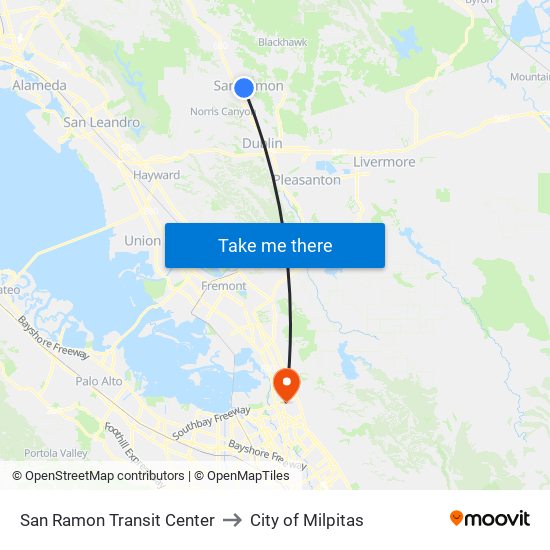 San Ramon Transit Center to City of Milpitas map