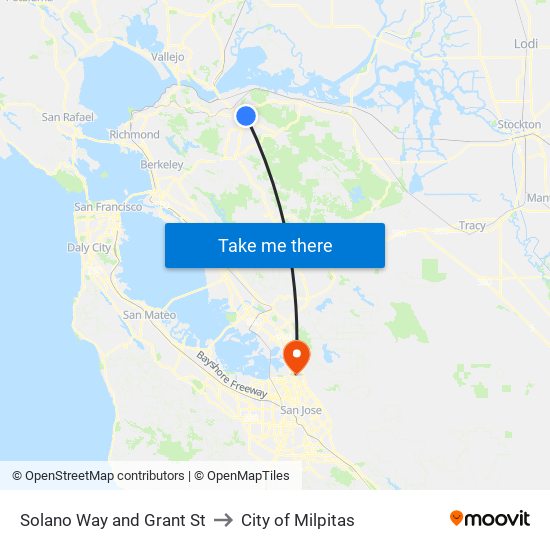 Solano Way and Grant St to City of Milpitas map