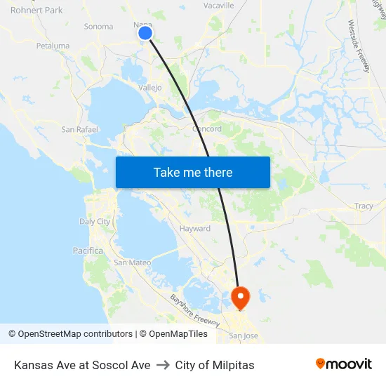 Kansas Ave at Soscol Ave to City of Milpitas map