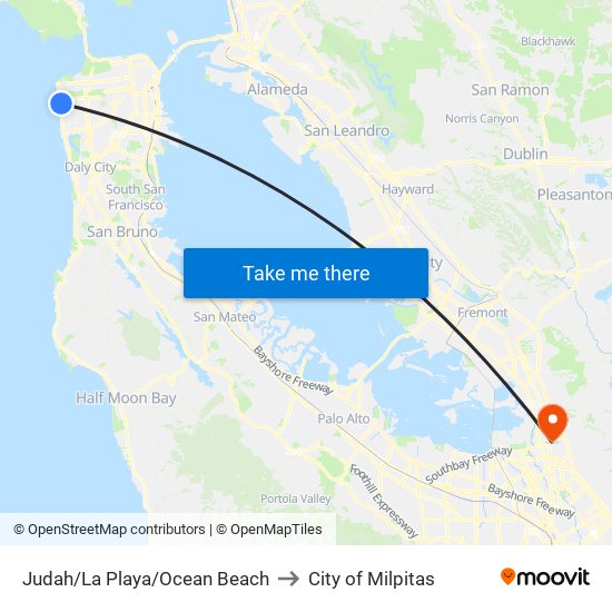 Judah/La Playa/Ocean Beach to City of Milpitas map