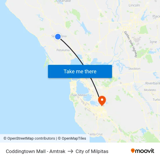 Coddingtown Mall - Amtrak to City of Milpitas map