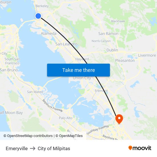 Emeryville to City of Milpitas map