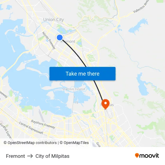 Fremont to City of Milpitas map
