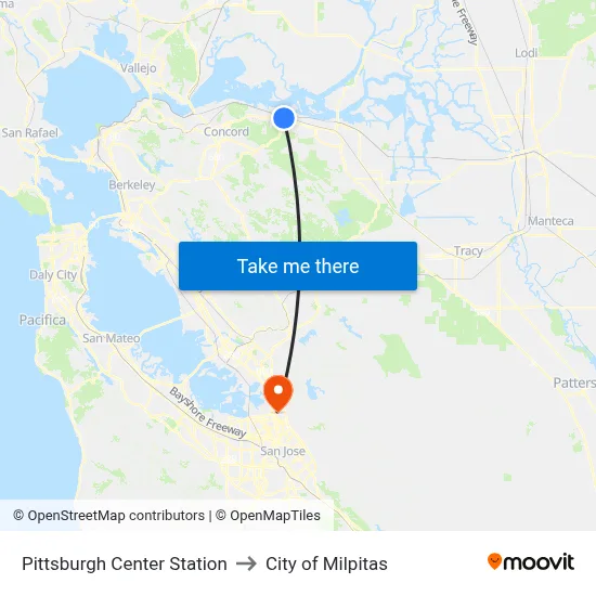 Pittsburgh Center Station to City of Milpitas map