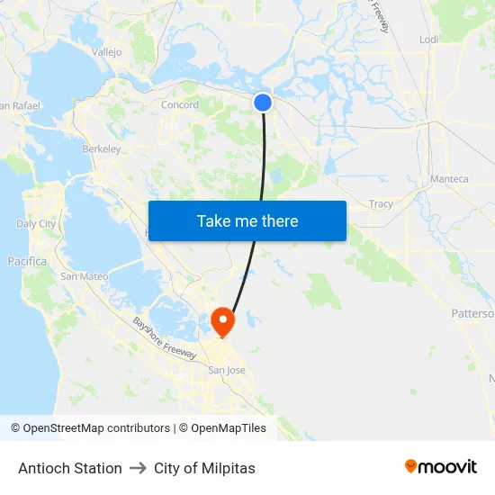 Antioch Station to City of Milpitas map