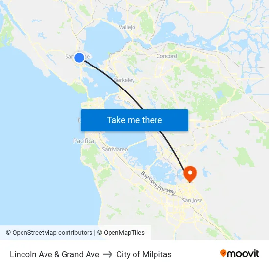 Lincoln Ave & Grand Ave to City of Milpitas map