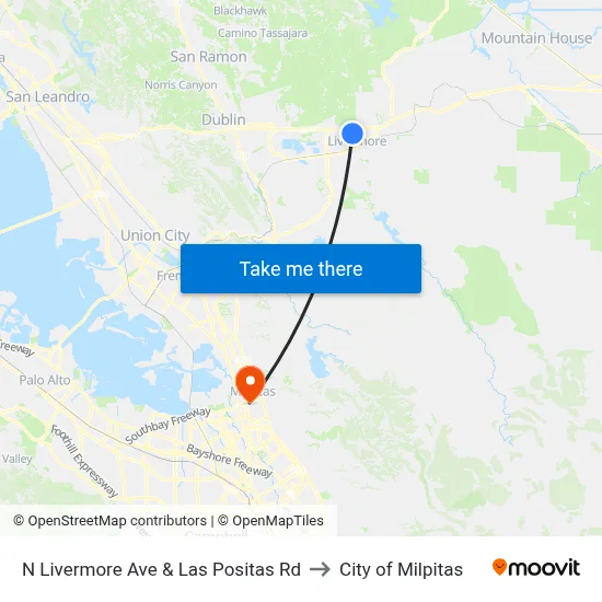 N Livermore Ave & Las Positas Rd to City of Milpitas map