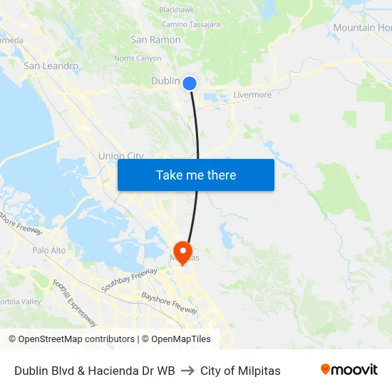 Dublin Blvd & Hacienda Dr WB to City of Milpitas map