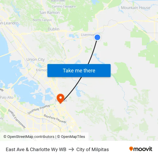 East Ave & Charlotte Wy WB to City of Milpitas map
