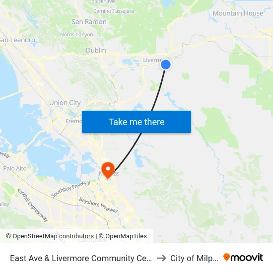 East Ave & Livermore Community Center EB to City of Milpitas map