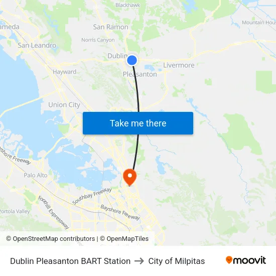 Dublin Pleasanton BART Station to City of Milpitas map