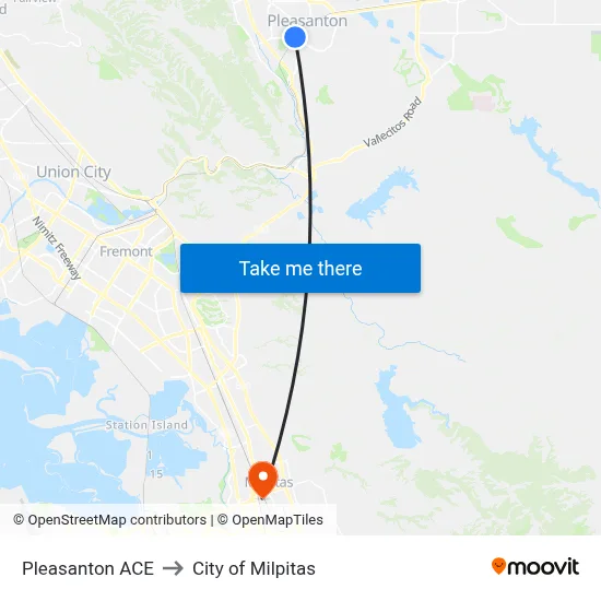 Pleasanton ACE to City of Milpitas map
