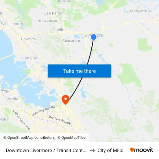 Downtown Livermore / Transit Center EB to City of Milpitas map