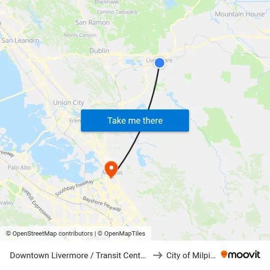 Downtown Livermore / Transit Center WB to City of Milpitas map
