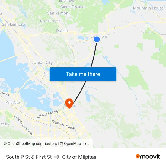 South P St & First St to City of Milpitas map