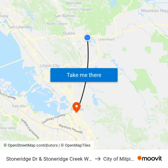 Stoneridge Dr & Stoneridge Creek Wy WB to City of Milpitas map