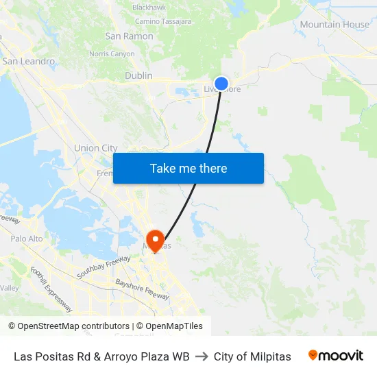 Las Positas Rd & Arroyo Plaza WB to City of Milpitas map