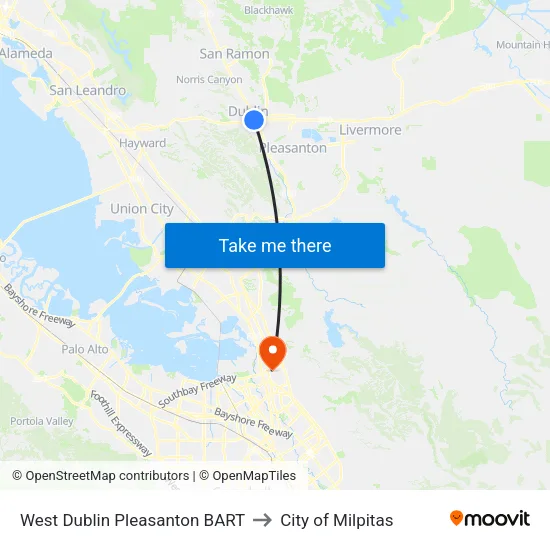 West Dublin/Pleasanton BART to City of Milpitas map