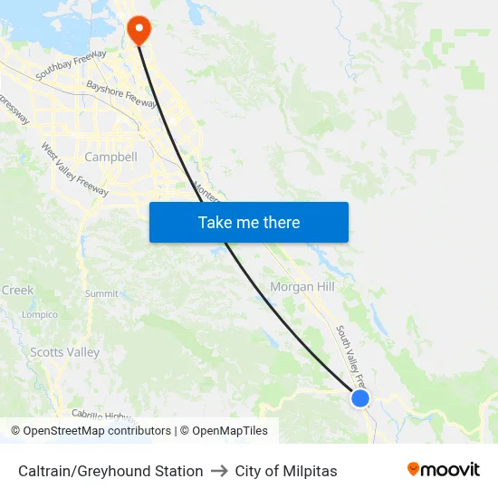 Caltrain/Greyhound Station to City of Milpitas map