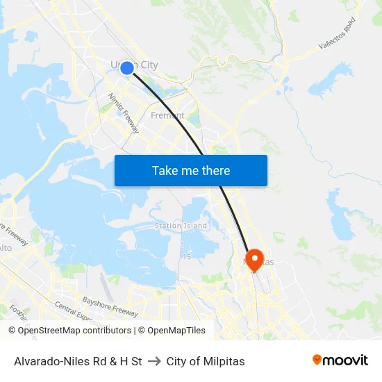 Alvarado-Niles Rd & H St to City of Milpitas map