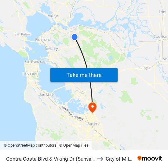 Contra Costa Blvd & Viking Dr (Sunvalley Mall) to City of Milpitas map