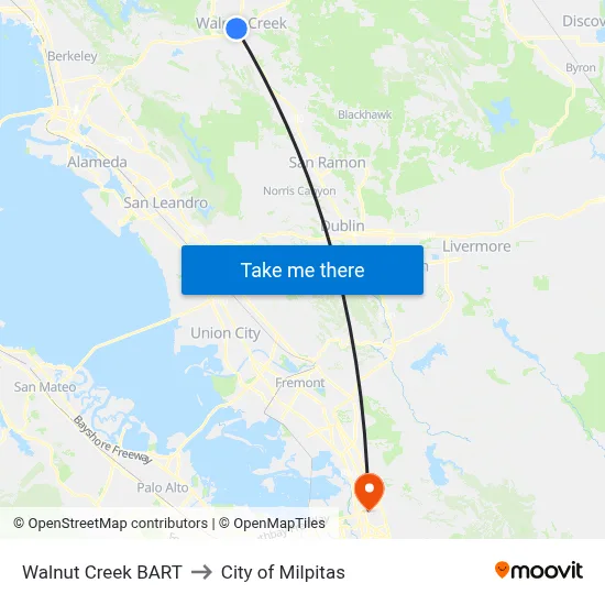 Walnut Creek BART to City of Milpitas map