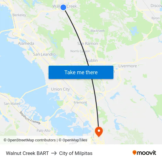 Walnut Creek BART to City of Milpitas map