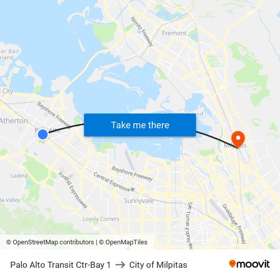 Palo Alto Transit Ctr-Bay 1 to City of Milpitas map