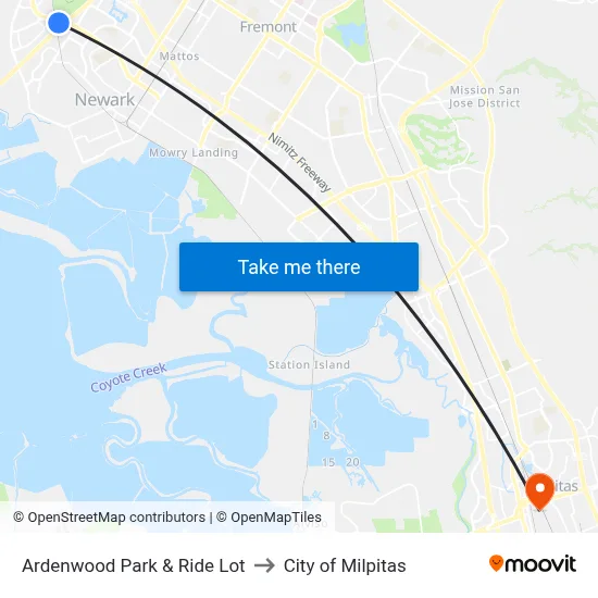 Ardenwood Park & Ride Lot to City of Milpitas map