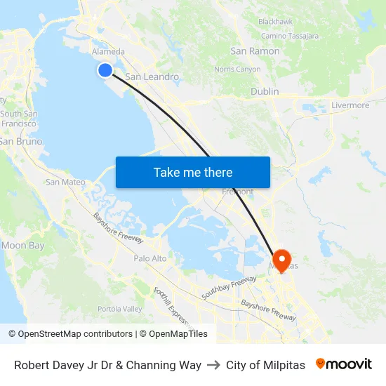 Robert Davey Jr Dr & Channing Way to City of Milpitas map