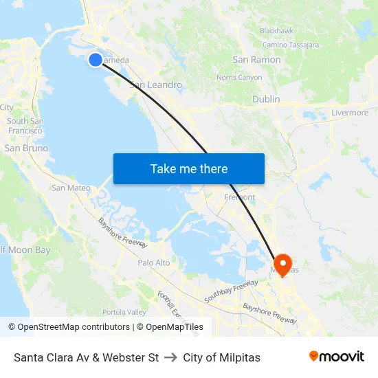 Santa Clara Av & Webster St to City of Milpitas map