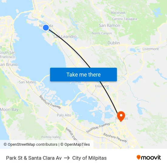 Park St & Santa Clara Av to City of Milpitas map