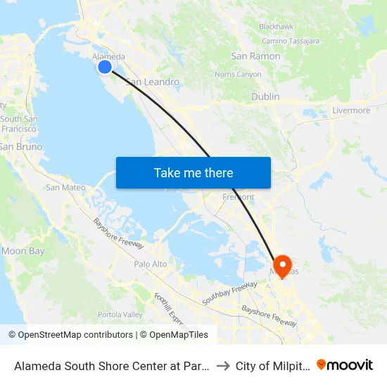 Alameda South Shore Center at Park St to City of Milpitas map