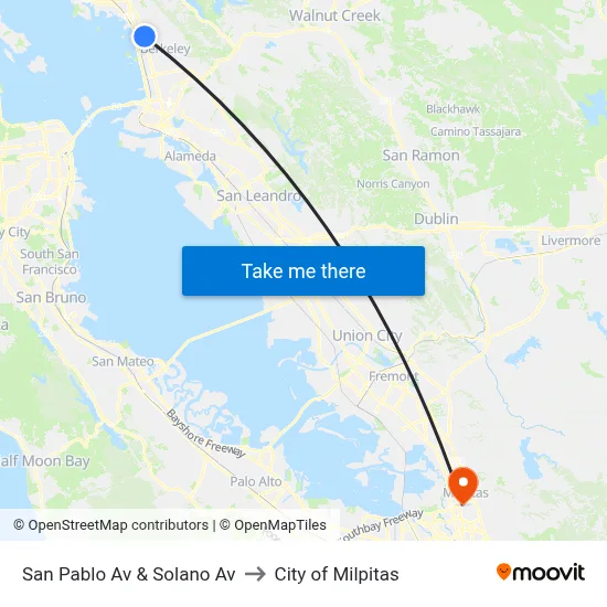 San Pablo Av & Solano Av to City of Milpitas map