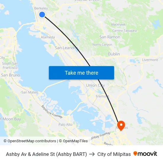 Ashby Av & Adeline St (Ashby BART) to City of Milpitas map