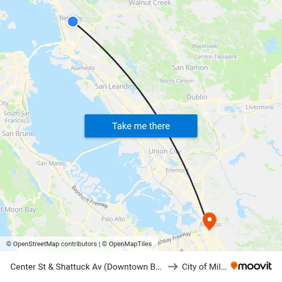 Center St & Shattuck Av (Downtown Berkeley BART) to City of Milpitas map