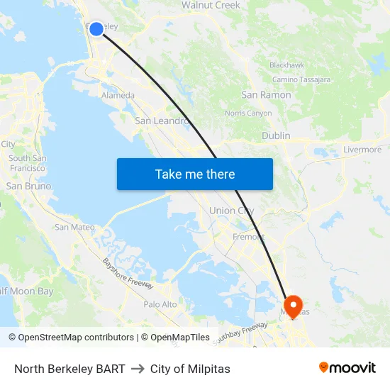 North Berkeley BART to City of Milpitas map