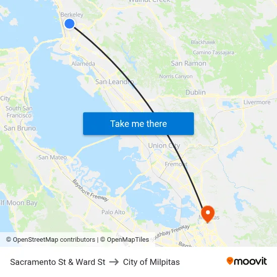 Sacramento St & Ward St to City of Milpitas map