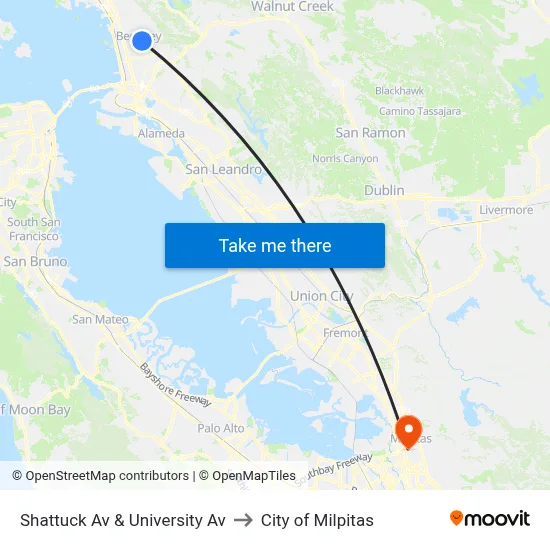 Shattuck Av & University Av to City of Milpitas map