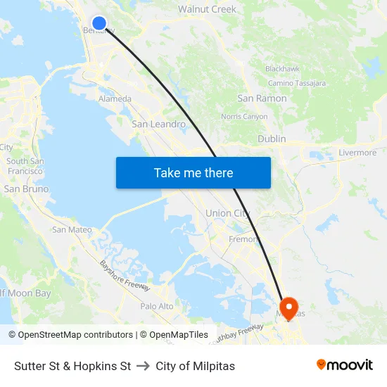 Sutter St & Hopkins St to City of Milpitas map