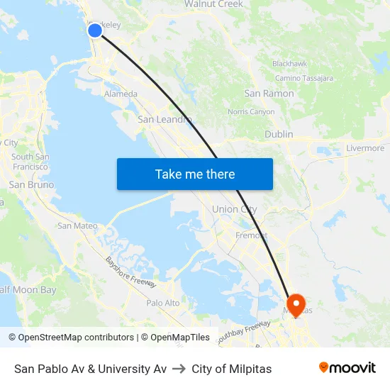 San Pablo Av & University Av to City of Milpitas map