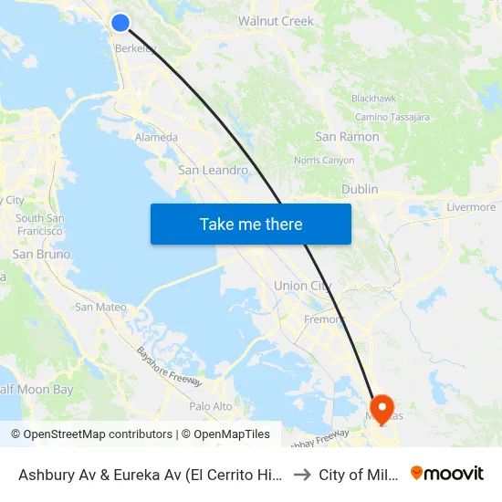 Ashbury Av & Eureka Av (El Cerrito High School) to City of Milpitas map