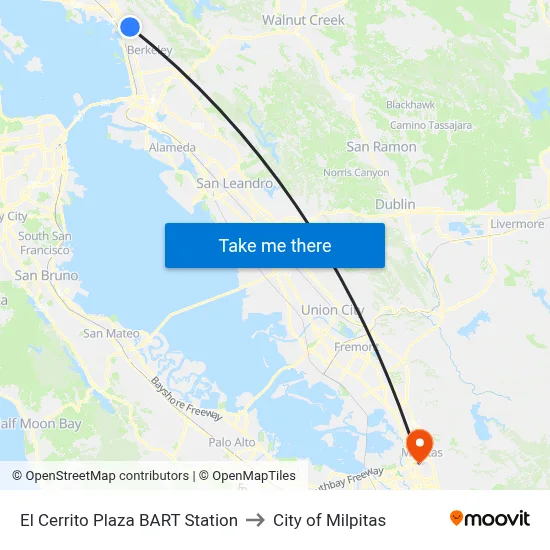 El Cerrito Plaza BART Station to City of Milpitas map