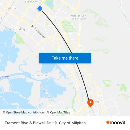 Fremont Blvd & Bidwell Dr to City of Milpitas map