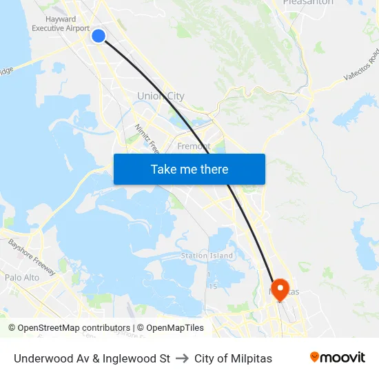 Underwood Av & Inglewood St to City of Milpitas map