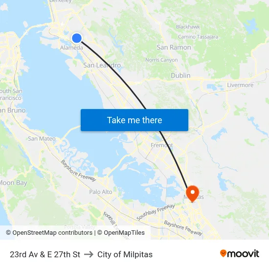 23rd Av & E 27th St to City of Milpitas map