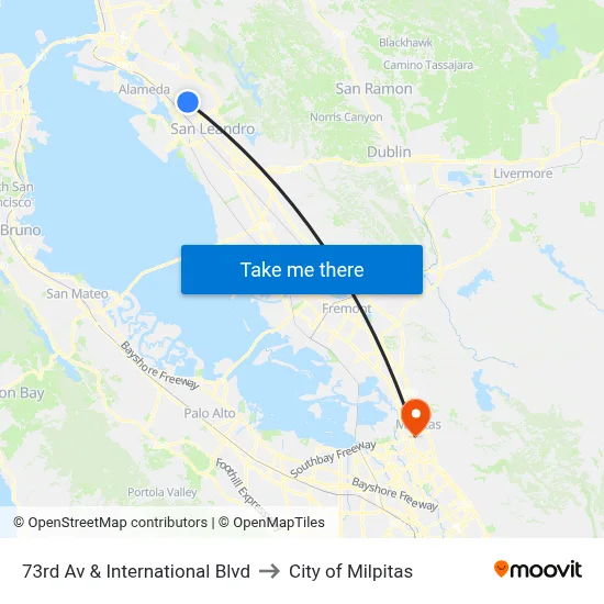 73rd Av & International Blvd to City of Milpitas map