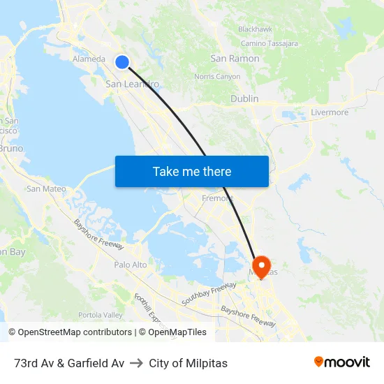 73rd Av & Garfield Av to City of Milpitas map