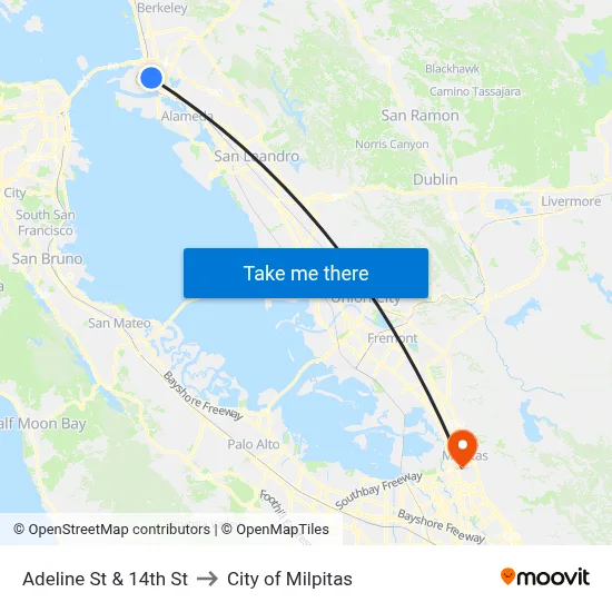 Adeline St & 14th St to City of Milpitas map