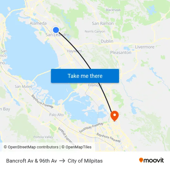 Bancroft Av & 96th Av to City of Milpitas map